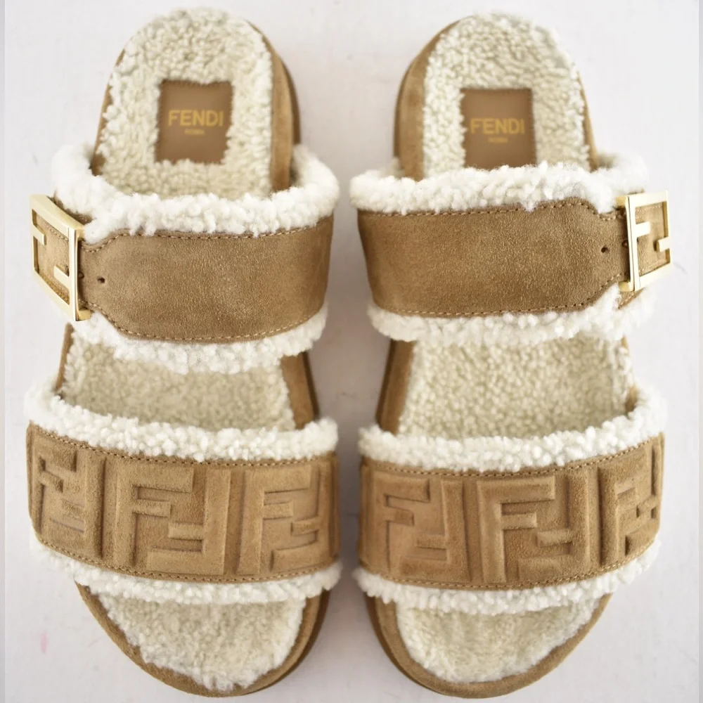 Fendi Feel Slide Shearling Fur Lined Bronze Monogram Logo Mule Flat Sandal 36.5 - Picture 10 of 16